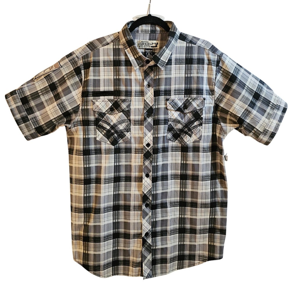 Raw Blue Triumphant 81 Plaid‎ Short Sleeve Button Down Shirt Mens XL Grey Black